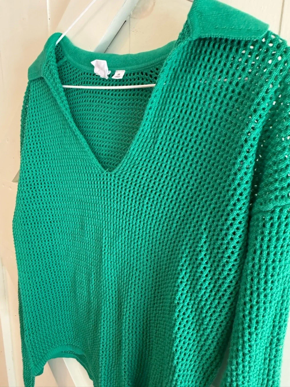 GAP Green Crochet Knit Collared Sweater XS 100% Cotton Open Weave Pullover
